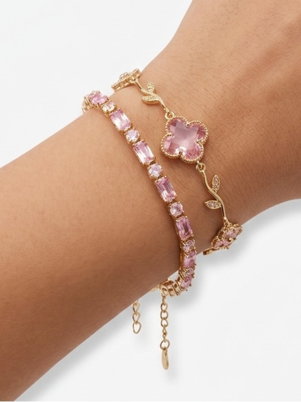New Gold-Plated Pink Floral & Jewel Bracelet Set - Retail $120
